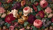 © lezatto - A rich, detailed floral print of various roses, peonies, and other blossoms in deep jewel tones