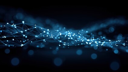 Abstract network of glowing points and lines on a dark background.  A wave-like pattern of light blue dots and connecting lines creates a dynamic visual effect.  Soft bokeh effect around the points
