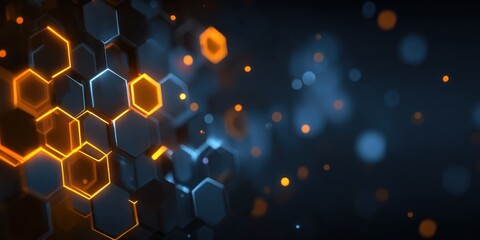 Abstract, glowing hexagons in dark blue and orange, with bokeh effects