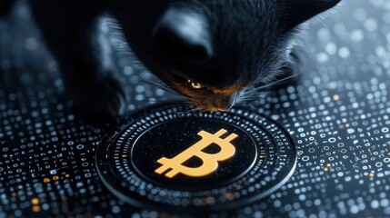 A black cat curiously inspects a glowing Bitcoin symbol on a digital background filled with binary code.