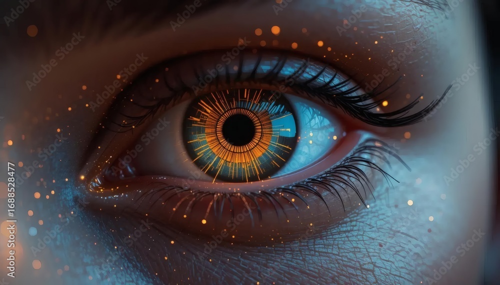 Futuristic digital eye with glowing circuits and data streams ...