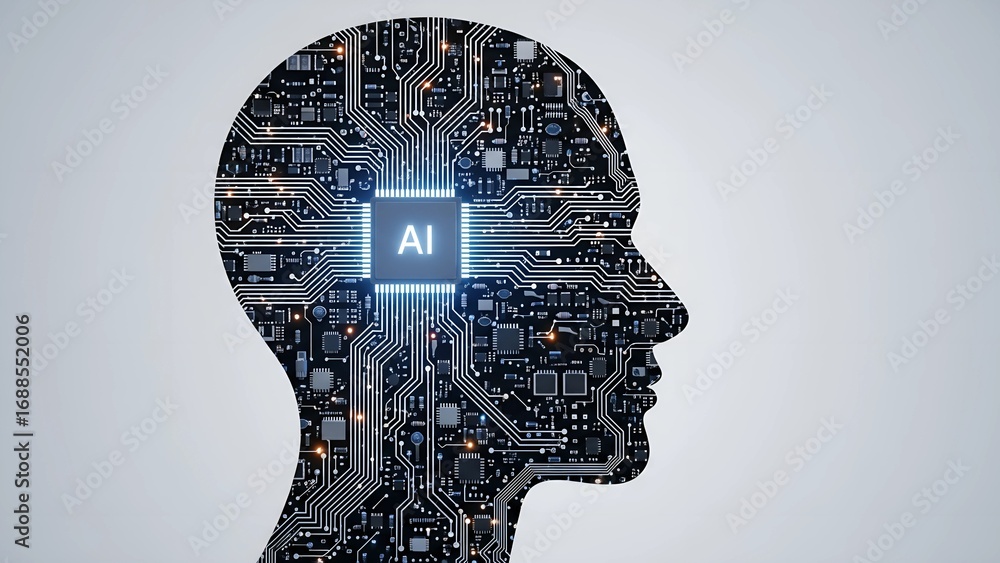 Human head silhouette filled with glowing digital circuits and AI chip ...