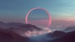 © shiyi - Surreal pink and blue circular portal glowing in the sky above mountains, giant white circle with god rays, cinematic symmetrical matte painting style, foggy sunset landscape with dreamy atmosphere