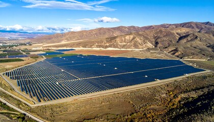 Expansive solar farm nestled in a valley, surrounded by mountains and agricultural land under a clear sky