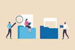 © Apurba - Business people analyzing documents and data with magnifying glass and laptop in office setting