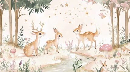 Naklejka na meble 62.A fairy-tale inspired children's wallpaper filled with hand-drawn animals such as deer, rabbits, and foxes, all nestled in a whimsical forest. The design features soft pastel hues of light pink,