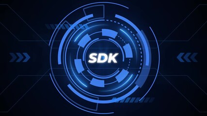 Futuristic Blue HUD Circle with SDK Text and Digital Data Streams on Dark Background Software Development Kit