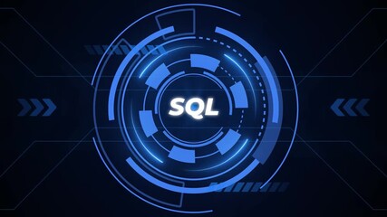 White SQL acronym illuminated on a dark blue futuristic HUD with circular technology elements image