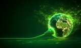 A glowing green Earth connected to a power plug, symbolizing renewable energy, electrification, and sustainable technology.