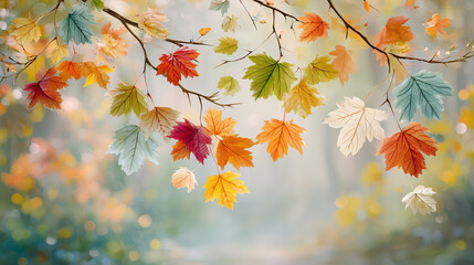 Wall Mural - A vibrant autumn background with rich warm shades of red, orange and gold, executed in a modern style with an emphasis on macro photography and detail. Leaves and natural textures are emphasized by so