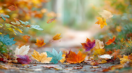 Wall Mural - A vibrant autumn background with rich warm shades of red, orange and gold, executed in a modern style with an emphasis on macro photography and detail. Leaves and natural textures are emphasized by so