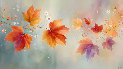 Wall Mural - A vibrant autumn background with rich warm shades of red, orange and gold, executed in a modern style with an emphasis on macro photography and detail. Leaves and natural textures are emphasized by so