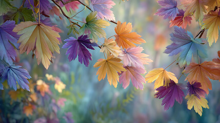 Wall Mural - A vibrant autumn background with rich warm shades of red, orange and gold, executed in a modern style with an emphasis on macro photography and detail. Leaves and natural textures are emphasized by so
