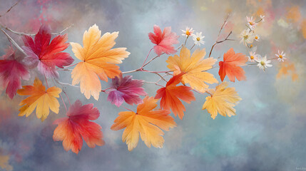 Wall Mural - A vibrant autumn background with rich warm shades of red, orange and gold, executed in a modern style with an emphasis on macro photography and detail. Leaves and natural textures are emphasized by so