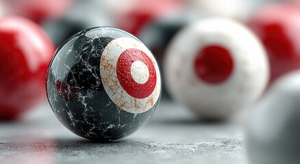 Close up of a collection of marbles with a bullseye pattern on one marble