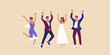 © Tarun - Joyful wedding party celebrating with confetti and raised hands in a festive atmosphere