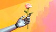 © jadid - A conceptual image showing the fusion of technology and nature, with a metallic robot hand gently holding a single pink rose against a vibrant, colorful background