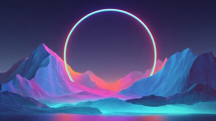Wall Mural - A striking sunset casts a vivid glow over surreal mountain peaks, blending shades of pink and blue. The tranquil water mirrors the enchanting colors, creating a magical atmosphere.