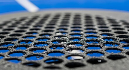 Water droplets on mesh surface with blue background