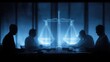 © Samar - Legal team in strategy meeting with justice scale graphic on screen symbolizes planning fairness ethics accountability governance legal responsibility protection transparency law