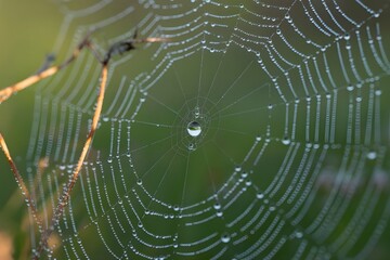 Dew drops adorn intricate spiderweb in morning light