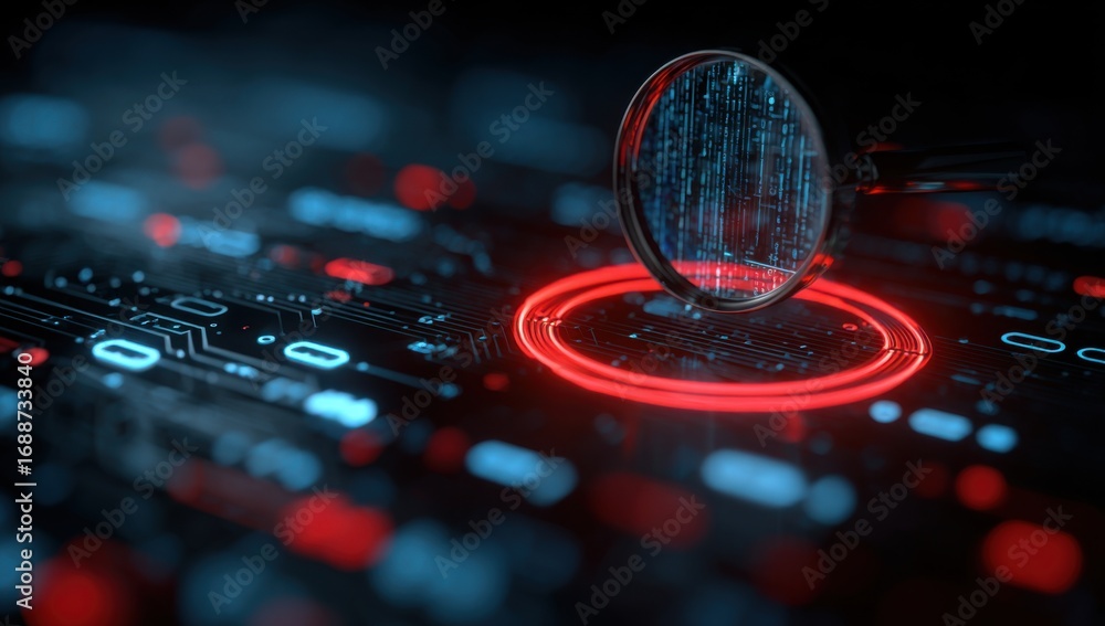 Magnifying glass focused on binary code on circuit board Stock Photo ...
