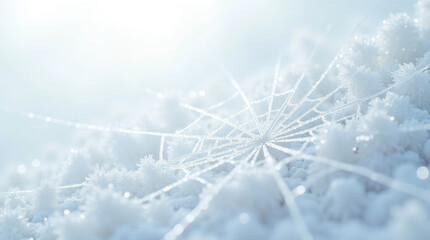 A delicate spiderweb, adorned with glistening dewdrops, is nestled amidst soft, fluffy clouds, creating a surreal and enchanting scene that blends natures artistry with dreamlike beauty
