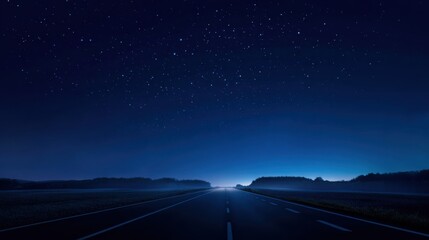 Wall Mural - A tranquil night landscape features a long, empty highway stretching into the distance. Stars twinkle in the vast sky, with a faint glow visible on the horizon, suggesting twilight.