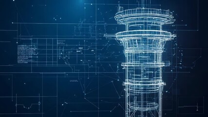 Wall Mural - futuristic wireframe tower emerging from blueprint on blue background