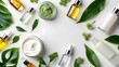 © Pixelpoint - Concept of natural cosmetics featuring a green leaf, cream, lotion, and essential oil on a white background, viewed from above with space for text.