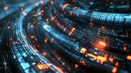 Wall Mural - futuristic cables transferring data with orange and blue lights