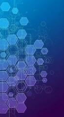 Hexagonal network array with connection pathways flowing on gradient blue background presenting modern technology