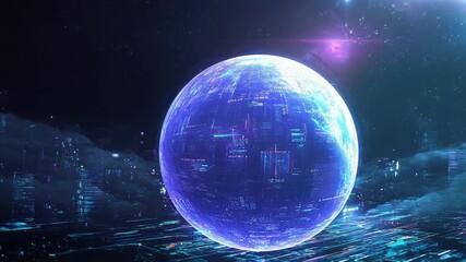 Wall Mural - futuristic planet earth hologram floating above digital city skyline