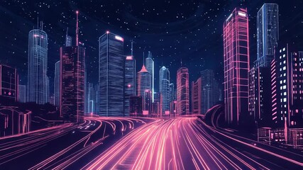 Wall Mural - futuristic neon cityscape with traffic flowing on highway at night
