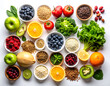 © figi - A flat lay of various superfoods in bowls, including berries, nuts, seeds, and greens. A concept for healthy eating, diet, nutrition, and vegan or vegetarian lifestyles. Generative AI