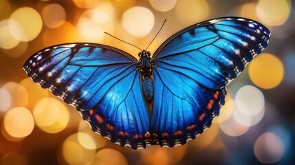 Magnificent morpho butterfly displaying vibrant blue wings on bokeh background