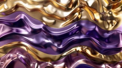 Wall Mural - Smooth metallic texture with wave-like gold and purple iridescence, abstract background for design. Useful for presentations, banners, packaging, and websites dedicated to contemporary art or innovati