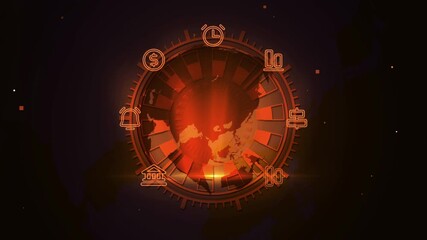Wall Mural - Futuristic Network Glowing with Circle Tech Icons and Global Map Digital Background