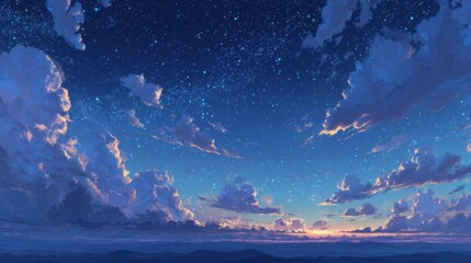 Wall Mural - Brilliant hues of blue and orange fill the sky as the sun sets behind distant mountains. Fluffy clouds scatter across the horizon, creating a peaceful and captivating atmosphere.