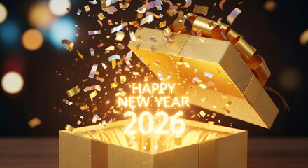 Happy New Year 2026 gift box with exploding confetti