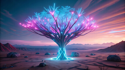 Wall Mural - A futuristic cybernetic tree with neon branches glowing in dark skies  