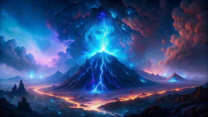Wall Mural - A surreal volcano erupting not with lava but with glowing liquid gold cosmic fantasy