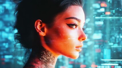 Wall Mural - woman emerging from futuristic digital data stream