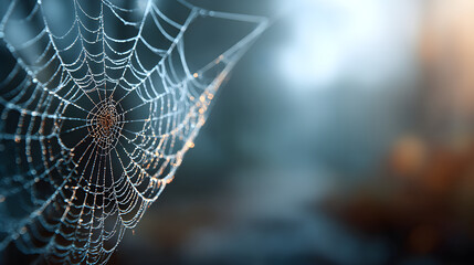 Spider web close-up in corner, empty blurred background for headline