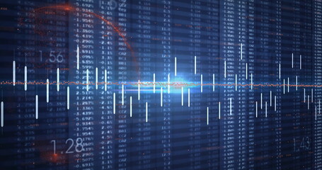 Wall Mural - Displaying candlestick chart bars rising on blue grid, showing glowing axis line and data columns