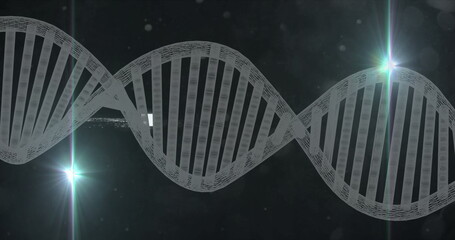 Wall Mural - Floating wireframe DNA helix stretching through digital lab scene, with lens flares and particles