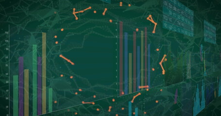 Wall Mural - displaying glowing orange node network on digital dashboard, with bar charts and map grid overlay