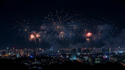 Colorful fireworks exploding over a night city skyline