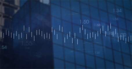 Wall Mural - Displaying candlestick chart bars fluctuating on skyscraper glass facade, with numeric values