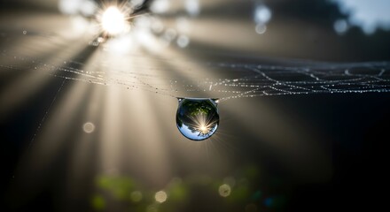 Captivating close-up of dew drop reflecting sunlight and trees, hanging from spiderweb, creates a tranquil and magical nature scene, perfect for spring or morning concepts.